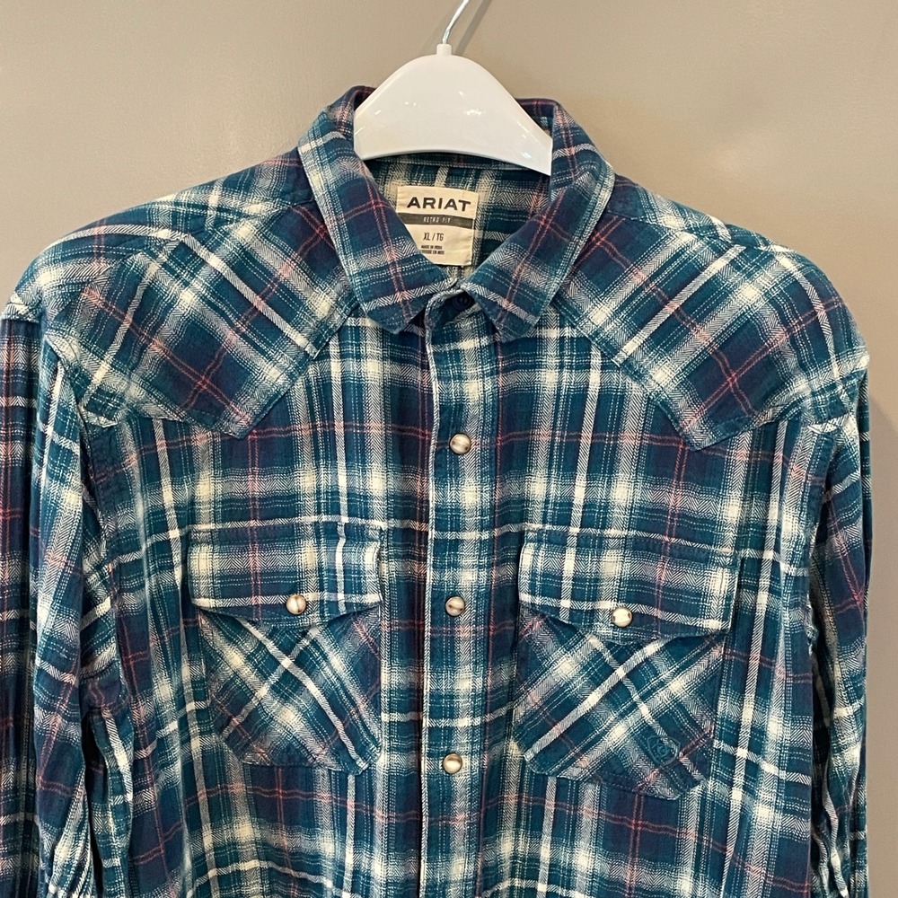 Ariat Retro Fit Mens XL Teal Plaid Long Sleeve Western Pearl Snap Shirt